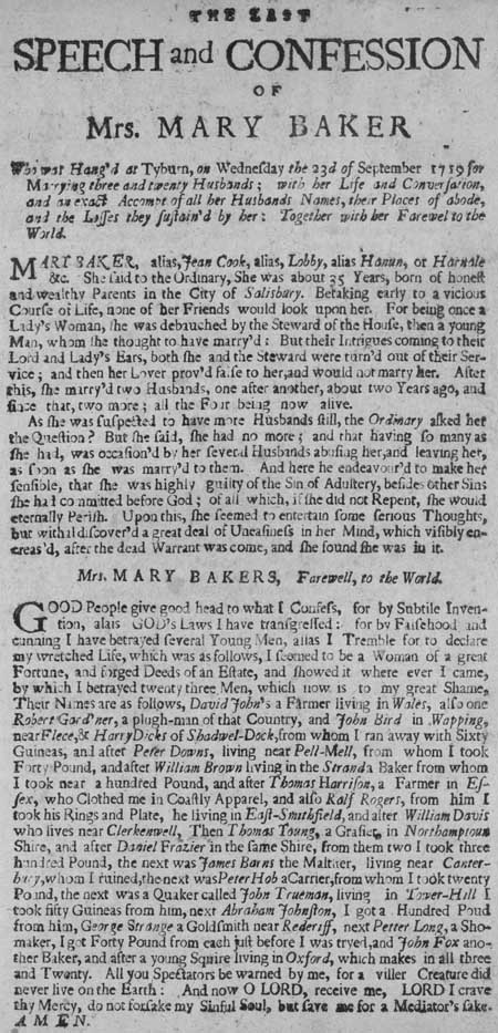 Broadside entitled 'The Last Speech and Confession of Mrs Mary Baker'