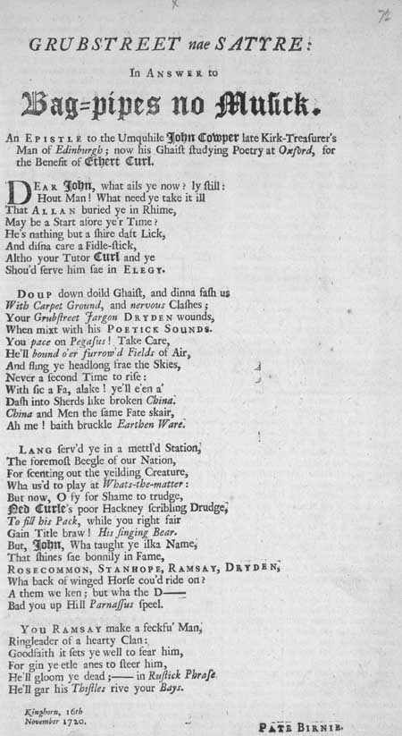 Broadside ballad entitled 'Grubstreet nae Satyre : In Answer to Bag=pipes no Musick'