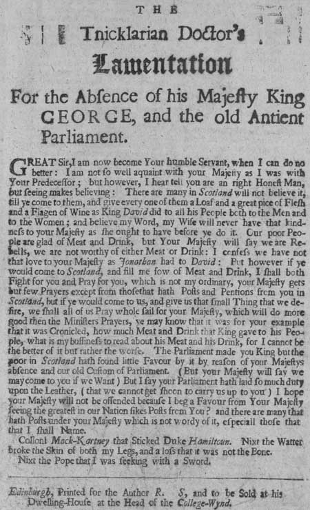 Broadside regarding a lamentation for King George and the old parliament