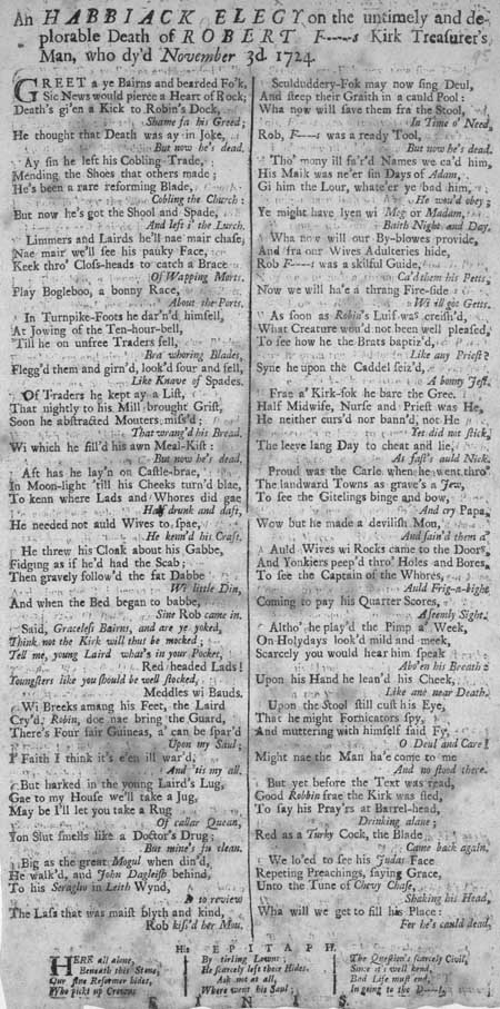 Broadside entitled 'An habbiack elegy'