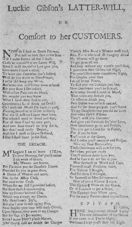 Broadside ballad entitled 'Luckie Gibson's Latter-Will, or Comfort to her Customers'