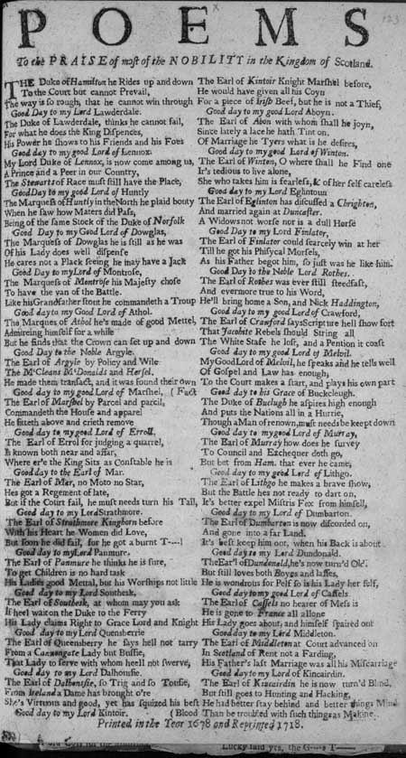 Broadside ballad entitled 'Poems to the Praise of Most of the Nobility in the Kingdom of Scotland'