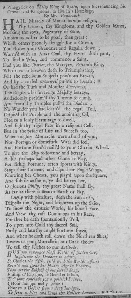 Broadside entitled 'A Panegyrick on Philip King of Spain, upon his renouncing his crown and Kingdoms, to live in a Hermitage'