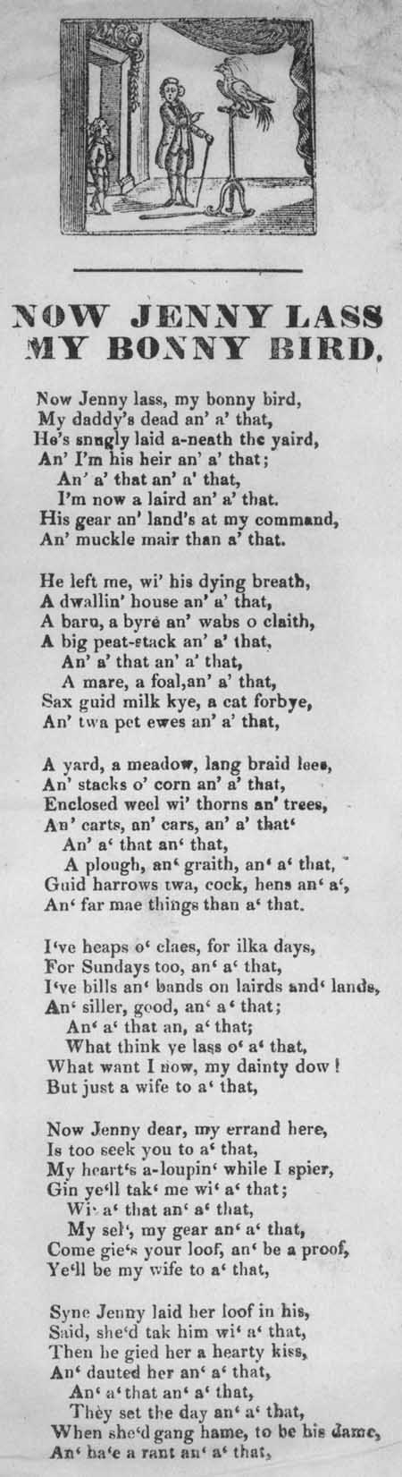 Broadside ballad entitled 'Now Jenny Lass My Bonny Bird'