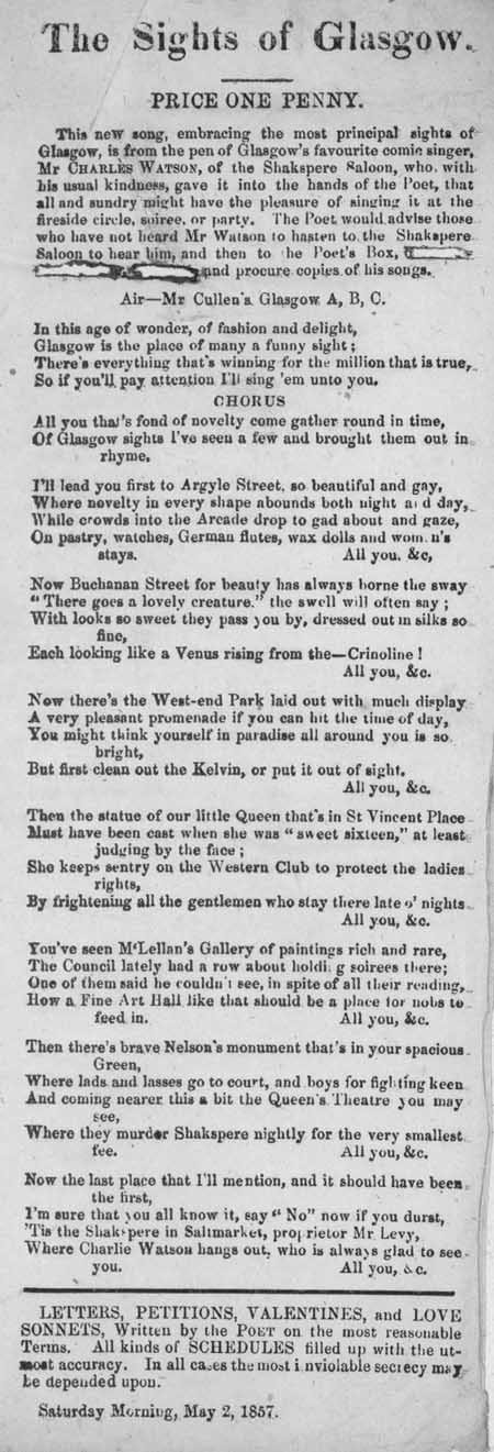 Broadside ballad entitled 'The Sights of Glasgow'