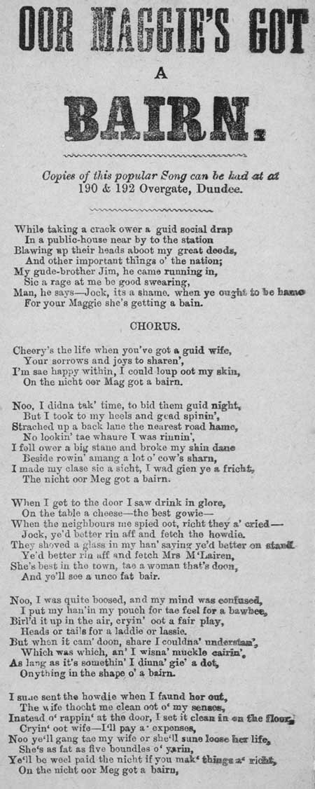 Broadside ballad entitled 'Oor Maggie's got a Bairn'