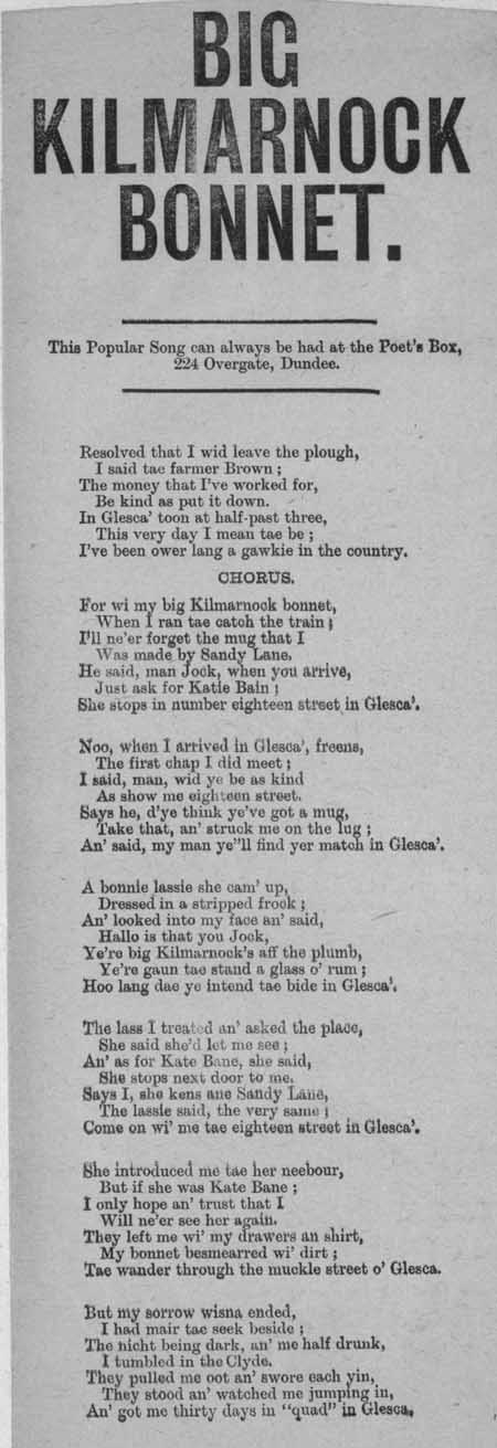 Broadside ballad entitled 'Big Kilmarnock Bonnet'