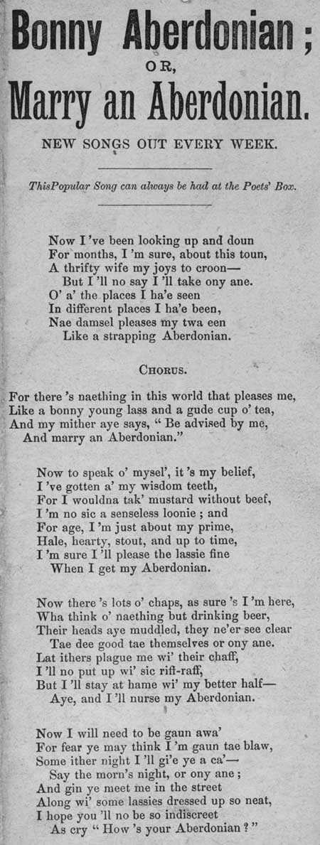 Broadside ballad entitled 'Bonny Aberdonian; or, Marry an Aberdonian'