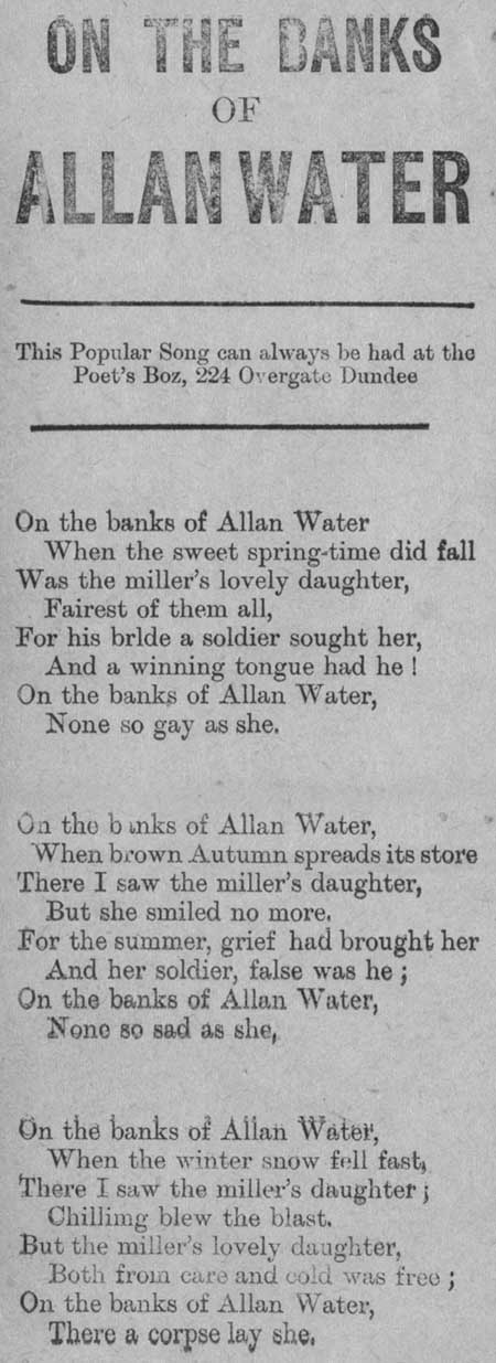 Broadside ballad entitled 'On the banks of Allan Water'