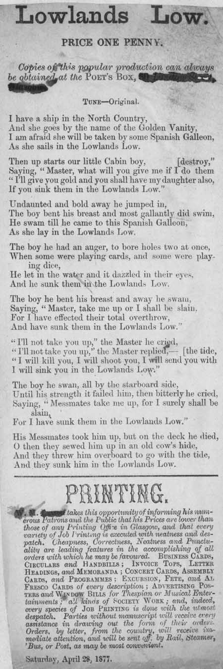 Broadside ballad entitled 'Lowlands Low'