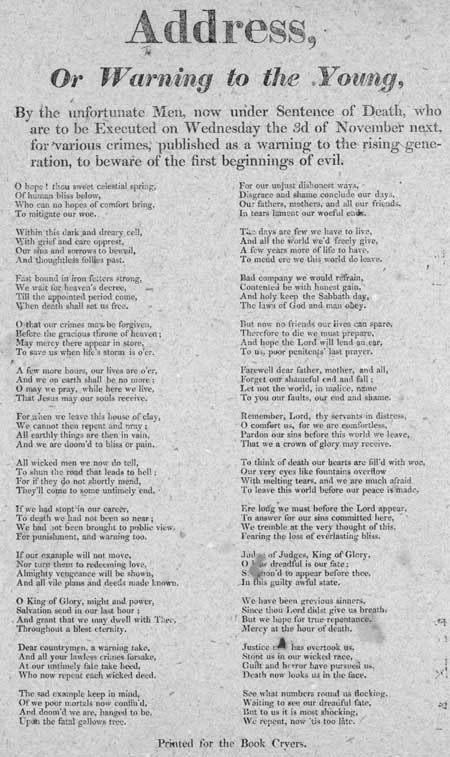 Broadside entitled 'Address, Or Warning to the Young'