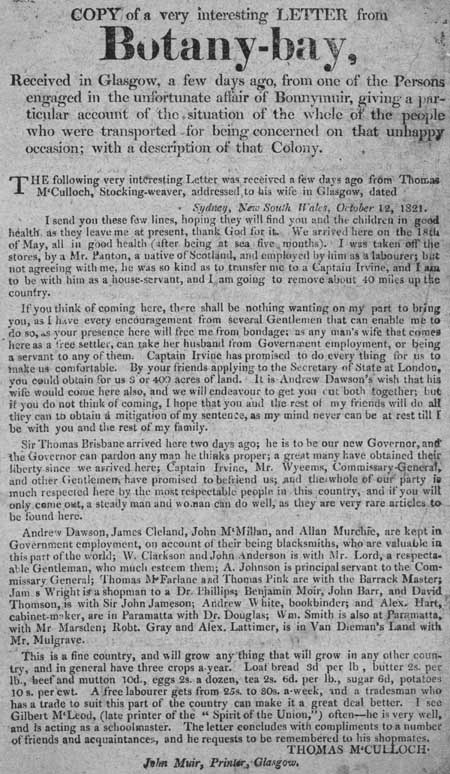 Broadside entitled 'Copy of a Very Interesting Letter from Botany Bay'