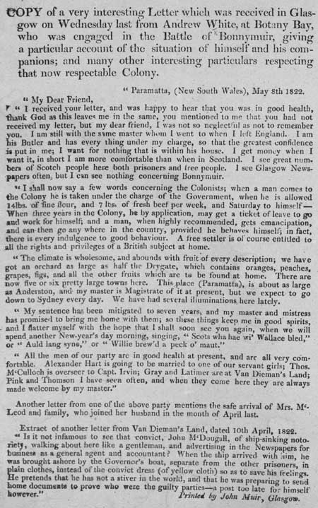 Broadside copy of a letter from Andrew White, one of the Radicals transported for his part in the 1820 Rising
