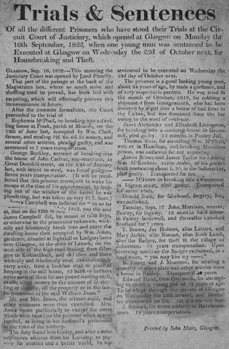 Broadside concerning the proceedings of the Circuit Court of Justiciary, Glasgow
