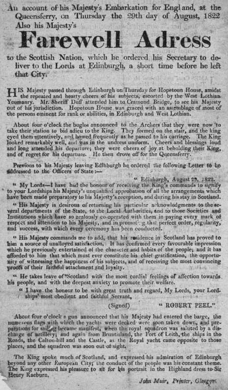 Broadside report of George IV's sailing to England from Queensferry in 1822