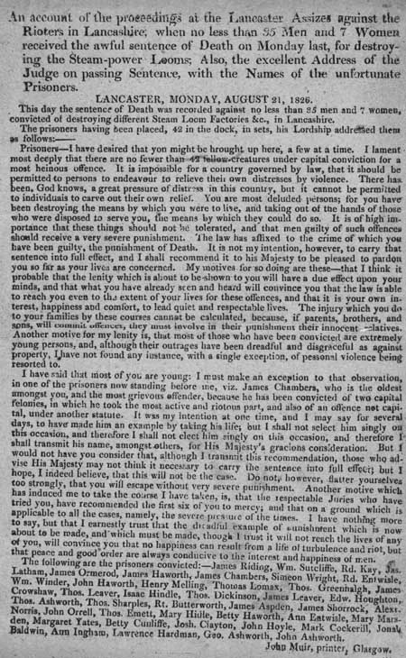 Broadside account of the proceedings at the Lancaster Assizes after rioting at steam mills in Lancashire, 1826