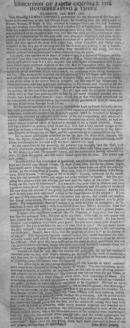 Broadside entitled 'Execution of James Campbell for Housebreaking and Theft'