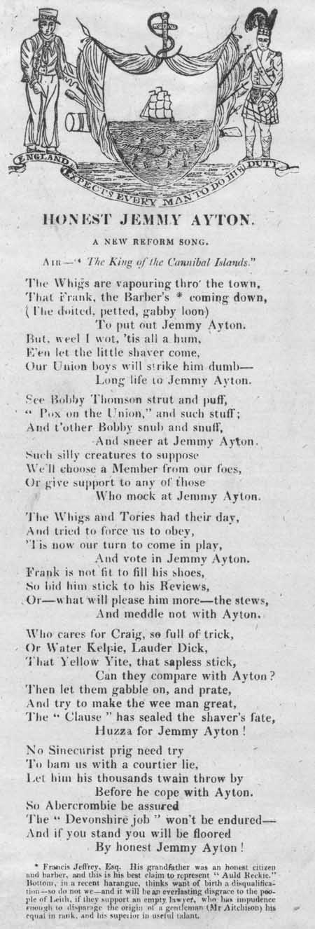Broadside ballad entitled 'Honest Jemmy Ayton, A New Reform Song'