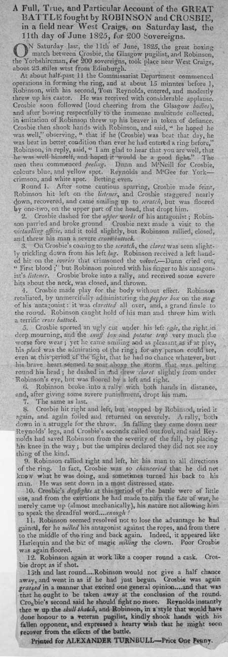 Broadside regarding the boxing match between Robinson and Crosbie