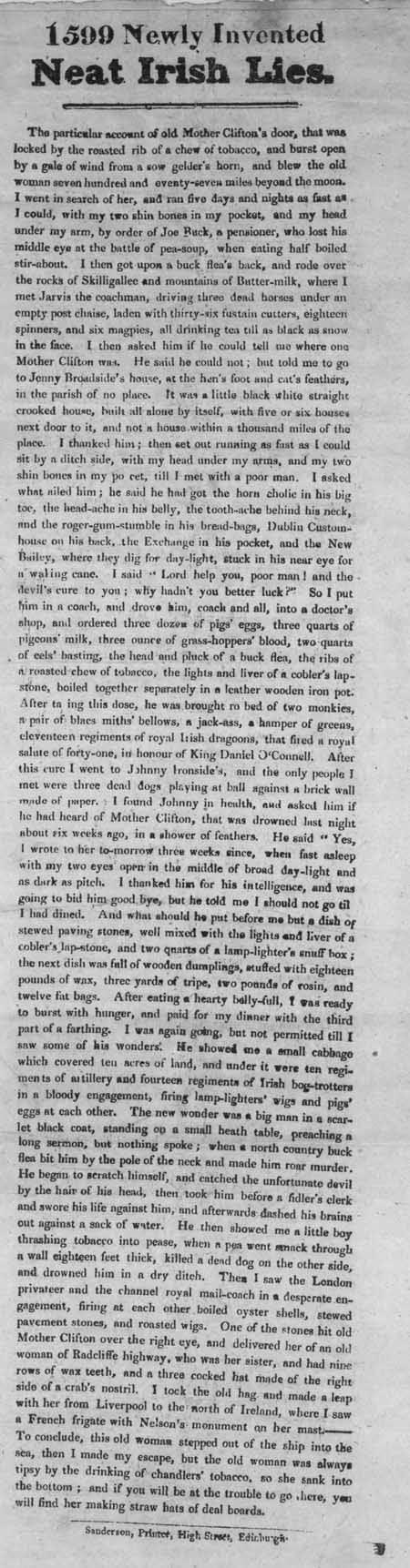 Broadside entitled '1599 Newly Invented Neat Irish Lies'