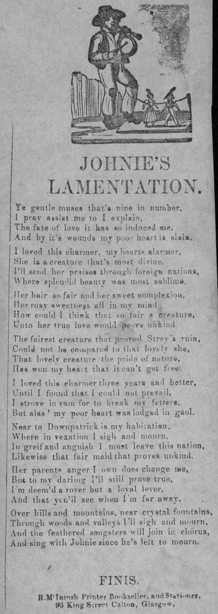 Broadside ballad entitled 'Johnie's Lamentation'