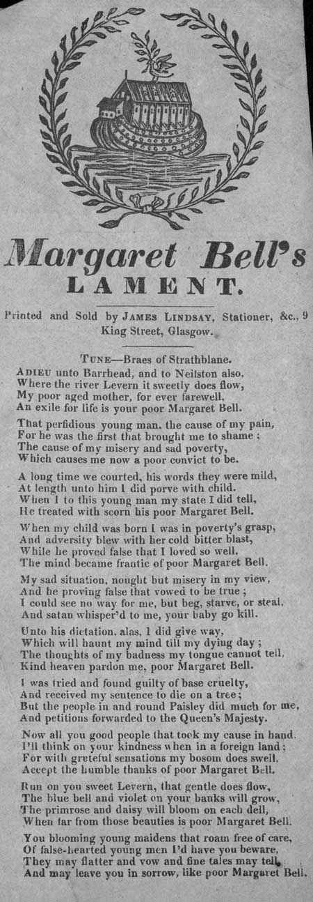 Broadside ballad entitled 'Margaret Bell's Lament'