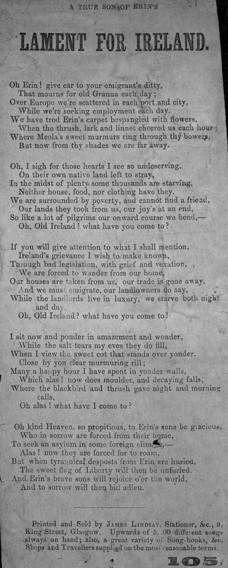 Broadside ballad entitled 'A True Son of Erin's Lament for Ireland'