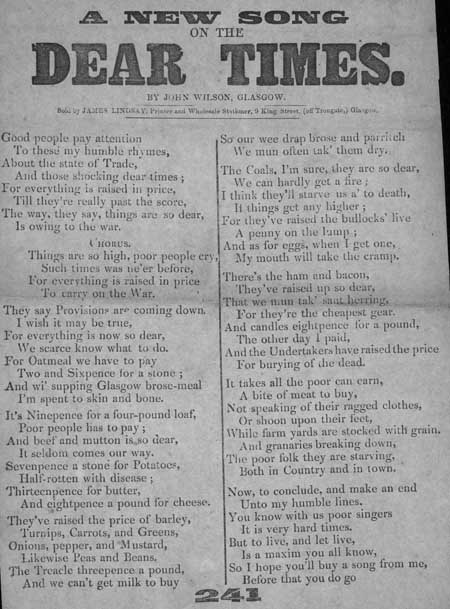 Broadside entitled 'A New Song on the Dear Times'