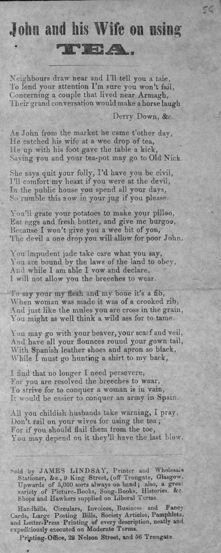 Broadside ballad entitled 'John and his Wife on Using Tea'.