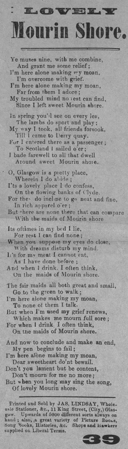 Broadside ballad entitled 'Lovely Mourin Shore'