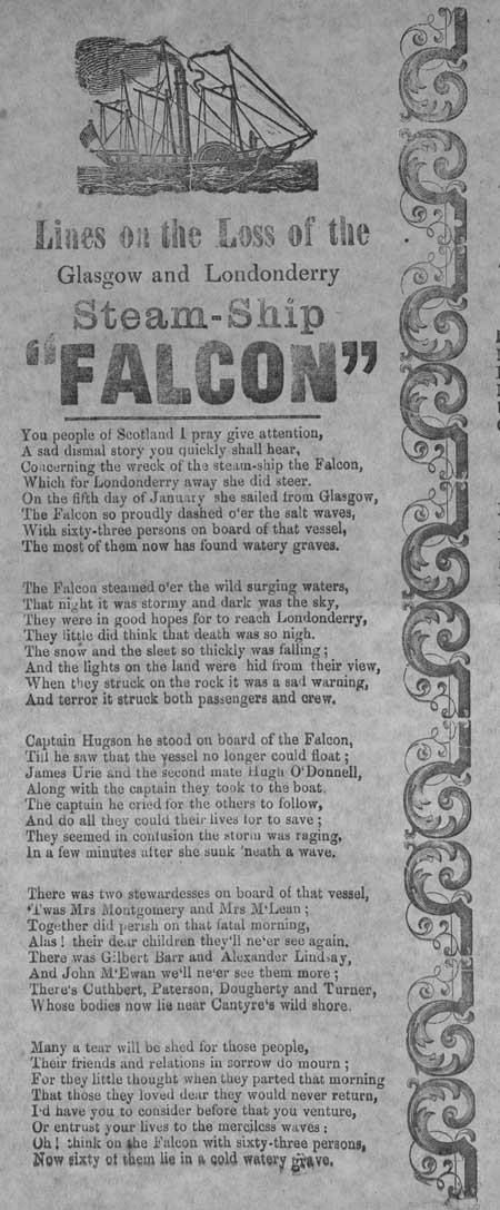 Broadside ballad entitled 'Lines on the Loss of the Glasgow and Londonderry Steam-Ship 