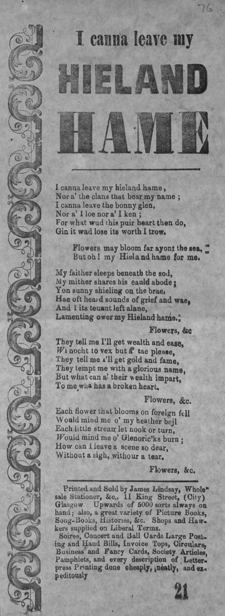 Broadside ballad entitled 'I canna leave my Hieland Hame'