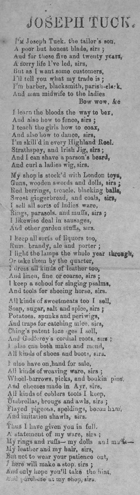 Broadside ballad entitled 'Joseph Tuck'