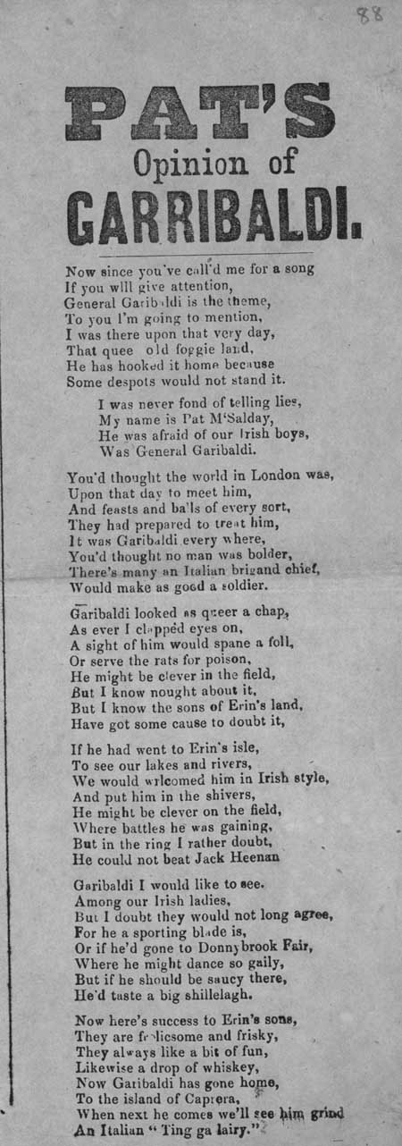 Broadside ballad entitled 'Pat's Opinion of Garibaldi'