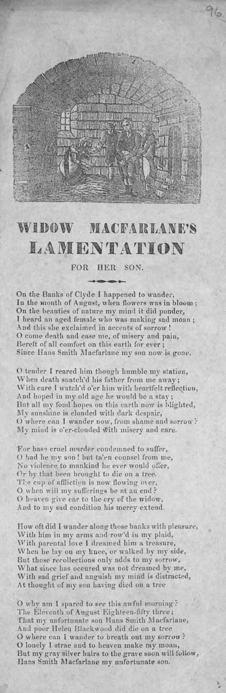 Broadside ballad entitled 'Widow MacFarlane's Lamentation for Her Son'