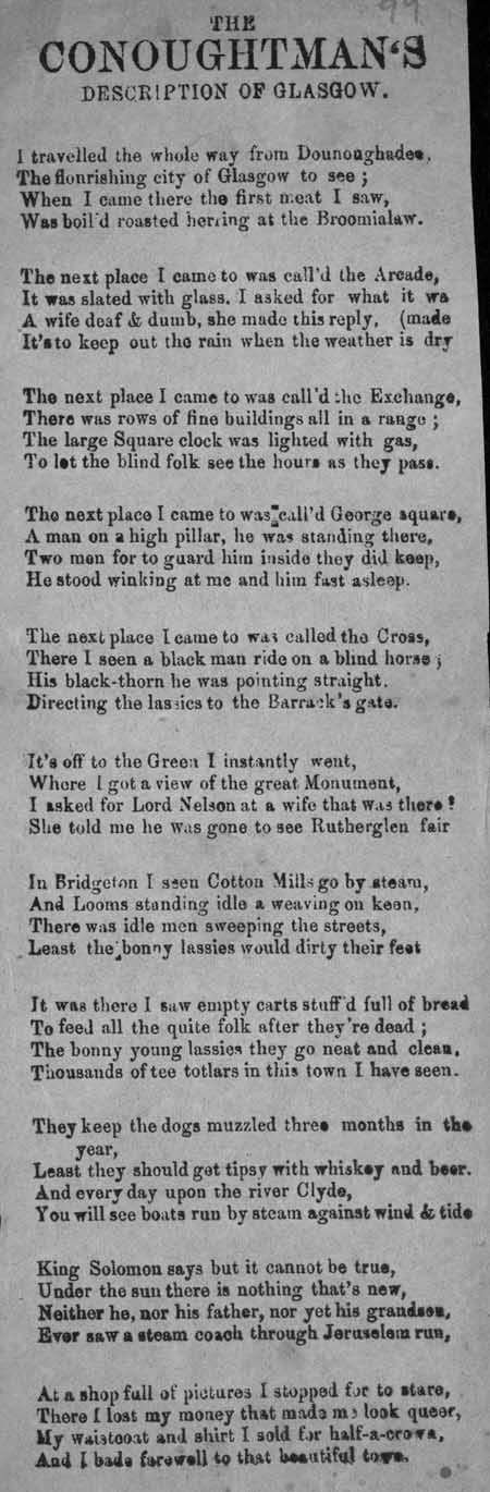 Broadside ballad entitled 'The Conoughtman's Description of Glasgow'