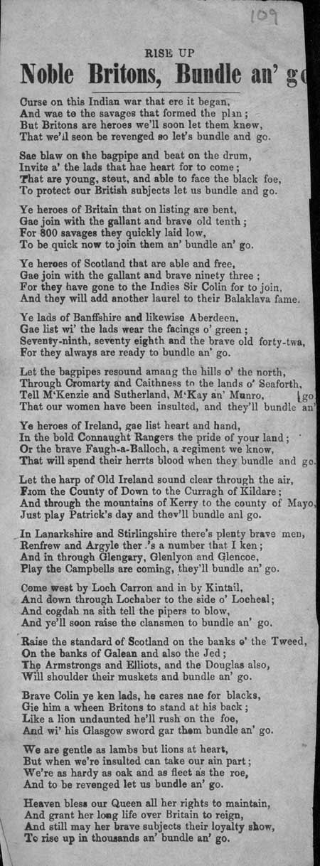 Broadside ballad entitled 'Rise Up Noble Britons, Bundle an' Go'