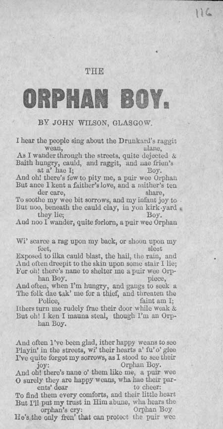 Broadside ballad entitled 'The Orphan Boy'