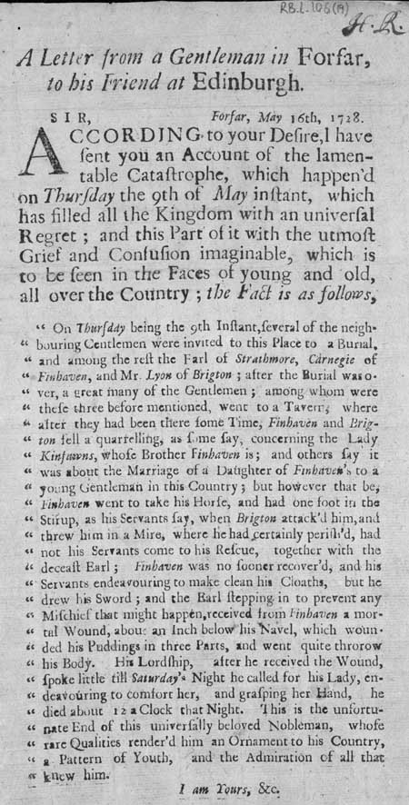 Broadside entitled: 'A Letter from a Gentleman in Forfar, to his Friend at Edinburgh', May 1728