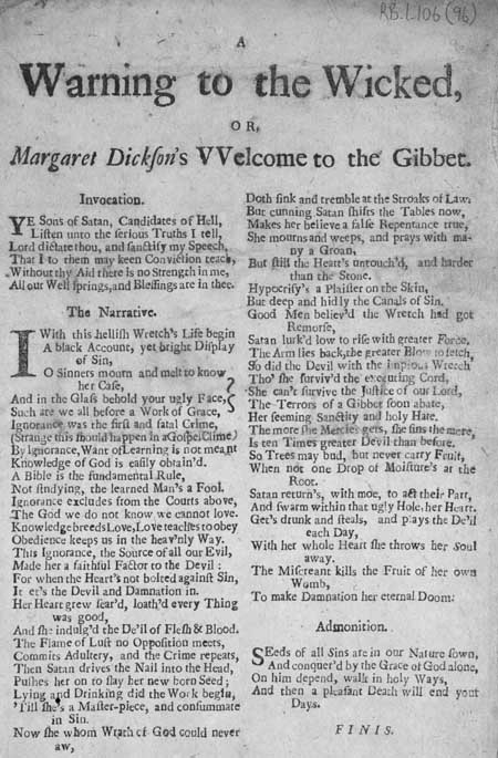 Broadside entitled 'A Warning to the Wicked, or, Margaret Dickson's Welcome to the Gibbet'