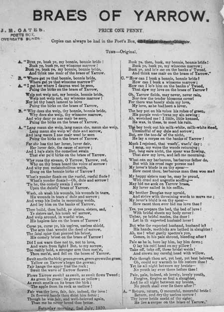 Broadside ballad entitled 'Braes of Yarrow'