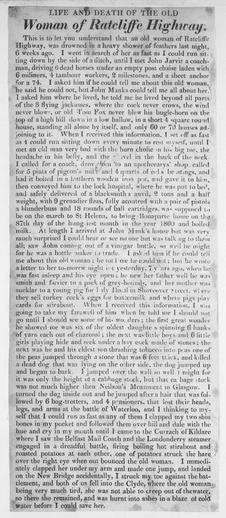 Broadside entitled 'Life and Death of the Old Woman of Radcliffe Highway'