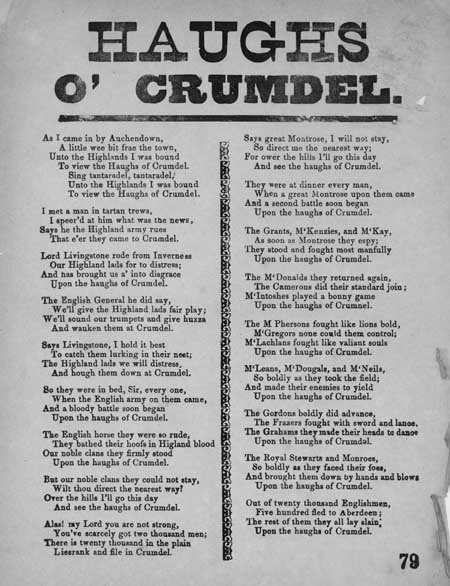 Broadside ballad entitled 'Haughs o' Crumdel'
