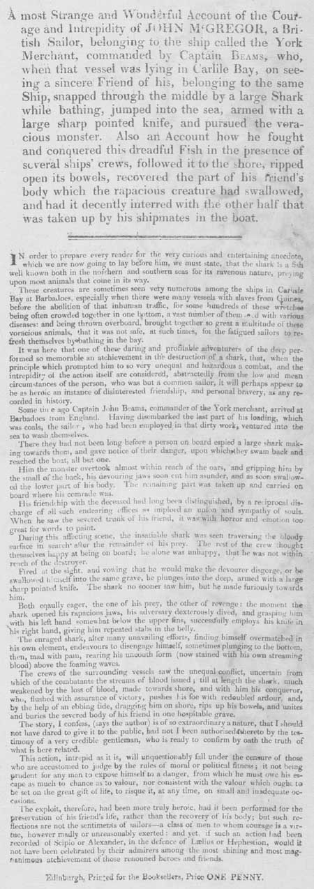 Broadside concerning the 'Courage and Intrepidity of John McGregor' against a shark who had killed his friend