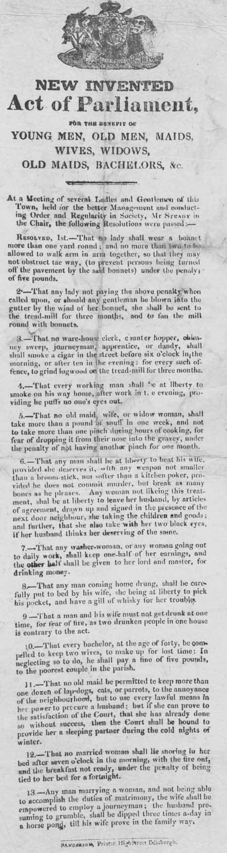 Broadside entitled: 'New Invented Act of Parliament, for the Benefit of Young Men, Old Men, Maids, Wives, Widows, Old Maids, Bachelors, &c.'