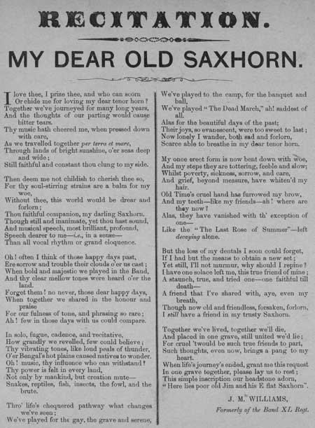 Broadside ballad entitled 'Recitation. My Dear Old Saxhorn'