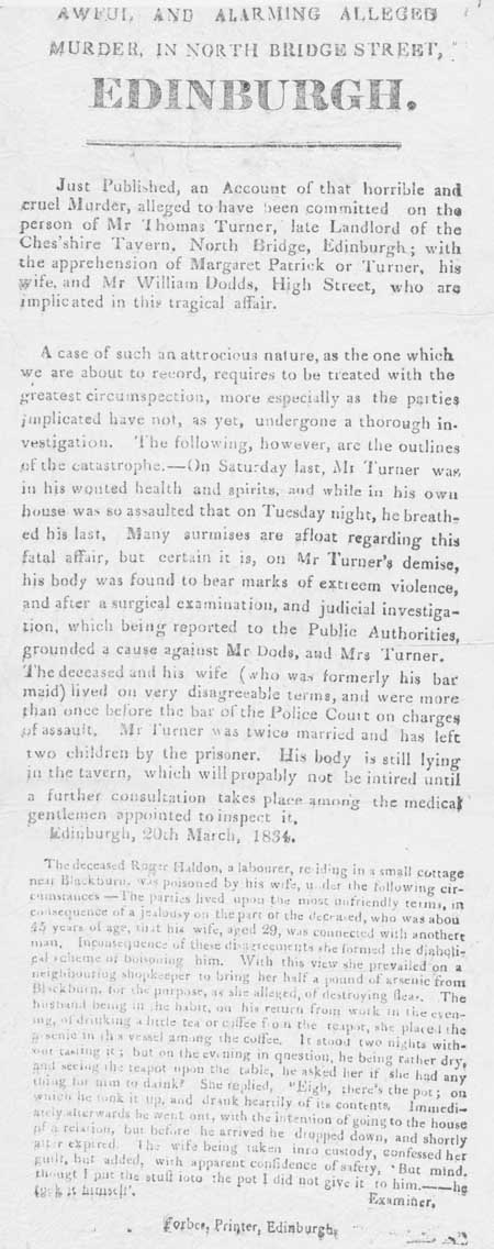 Broadside entitled 'Awful and Alarming Alleged Murder, in North Bridge Street, Edinburgh', 1834