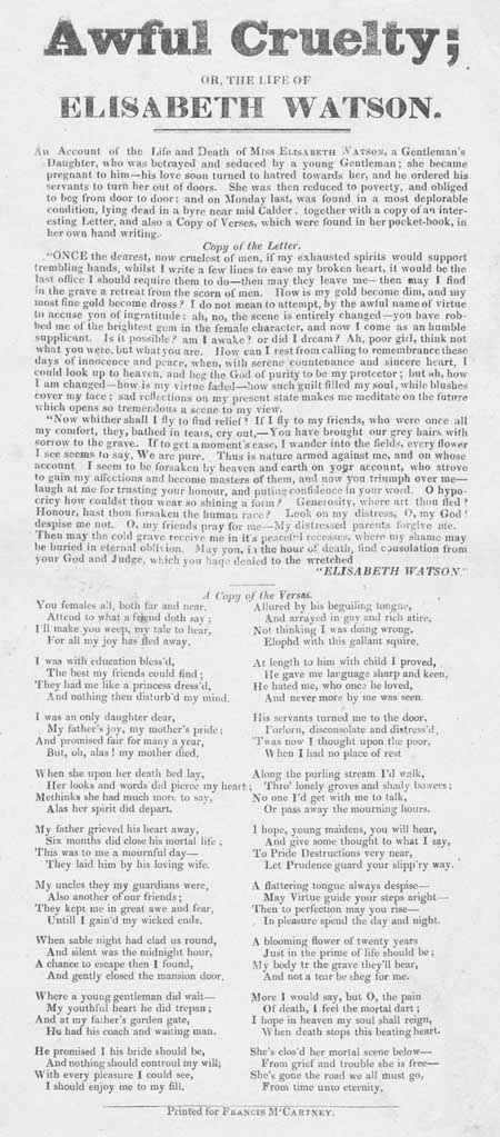 Broadside entitled 'Awful Cruelty; or, the life of Elisabeth Watson'