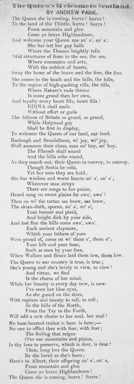 Broadside ballad entitled 'The Queen's Welcome to Scotland'