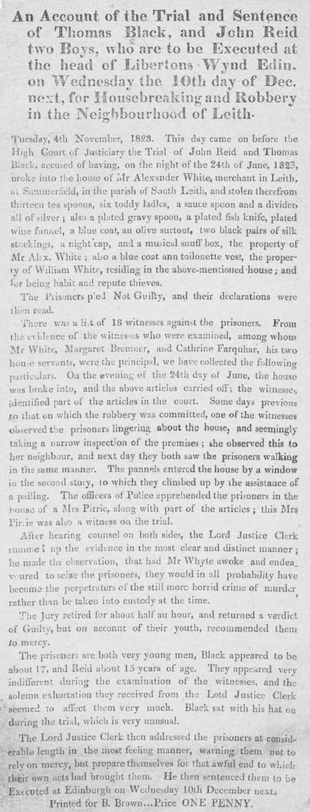 Broadside regarding the trial and sentence of Thomas Black and John Reid